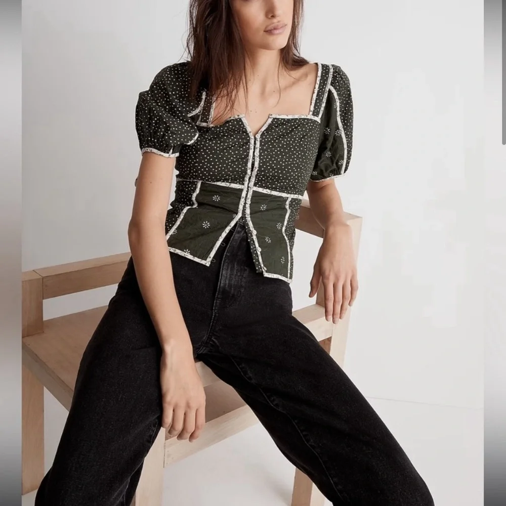 Madewell Dark Green Puff Sleeve Peasant Top with Cream Trim - Picture 2 of 4
